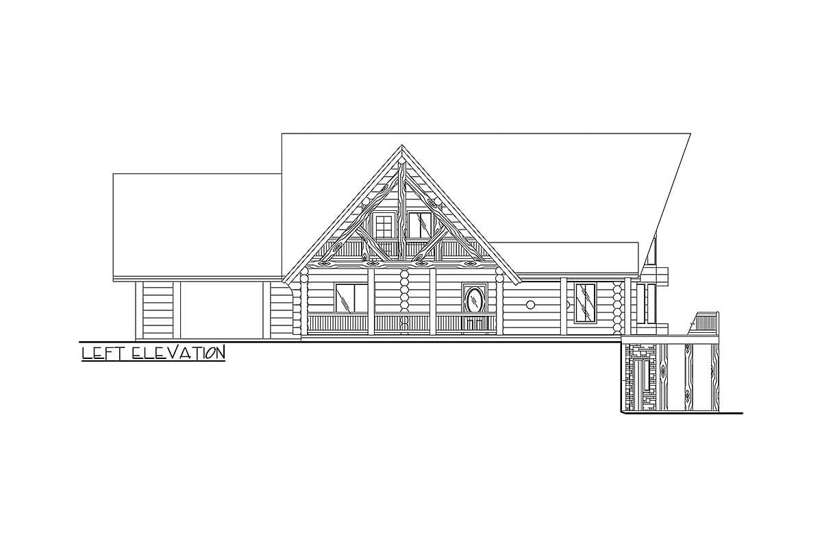 Left elevation house plan for a log cabin style home, featuring a prominent gable with exposed trusses and a covered porch.