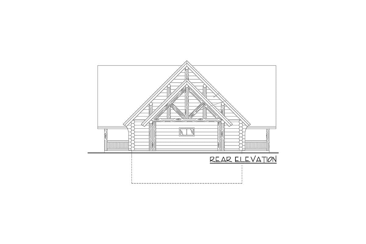 Rear elevation drawing of a log cabin house plan with exposed rafters and covered porches.