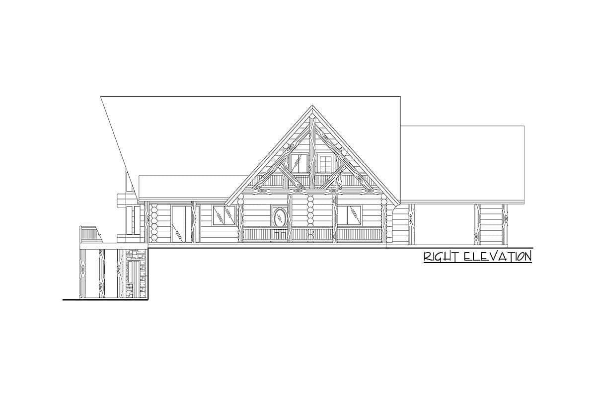 Log home house plan right elevation with prominent gable, dormer, and covered porch.