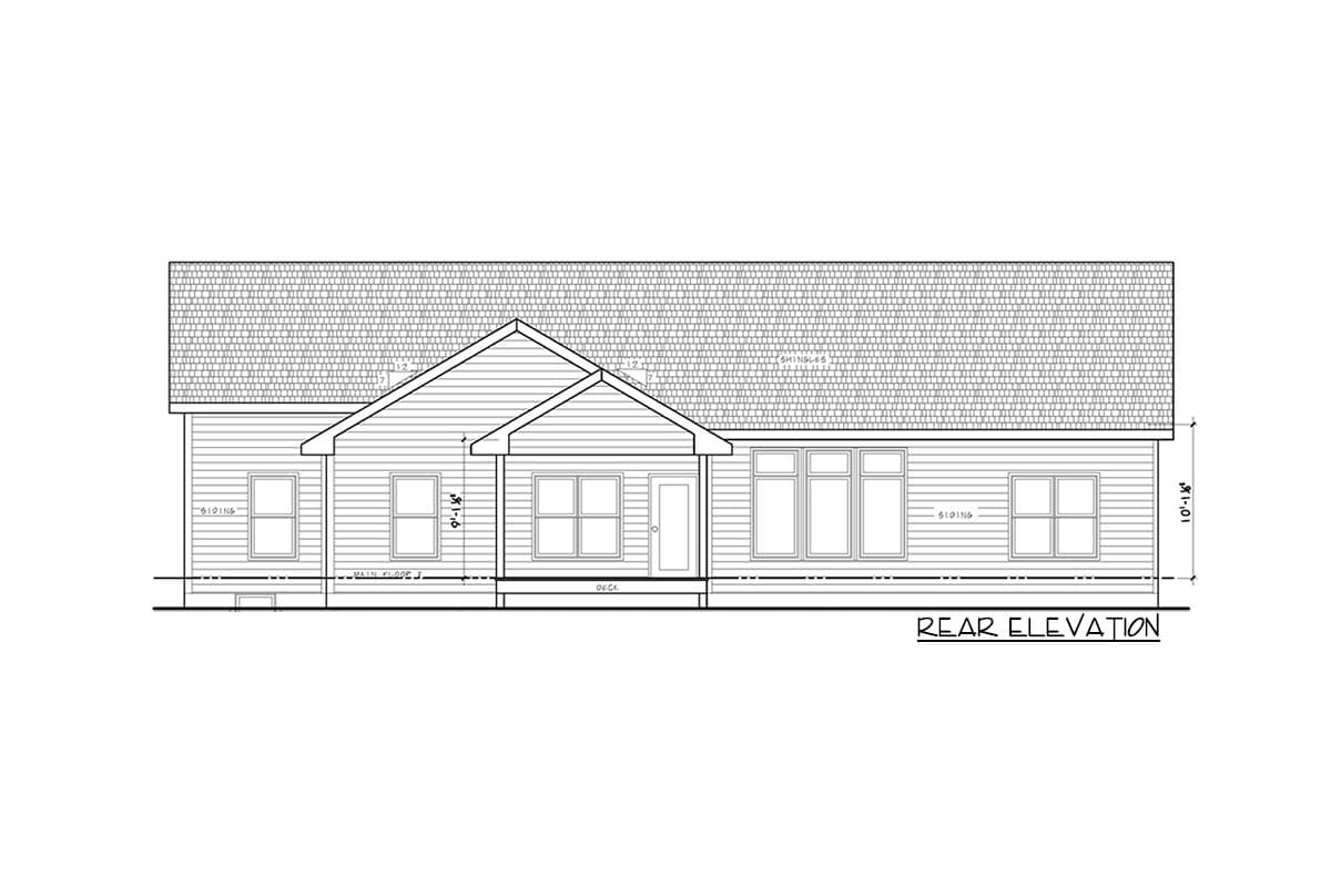 Rear elevation drawing of a house plan with siding, multiple windows, a small covered porch, and a deck.