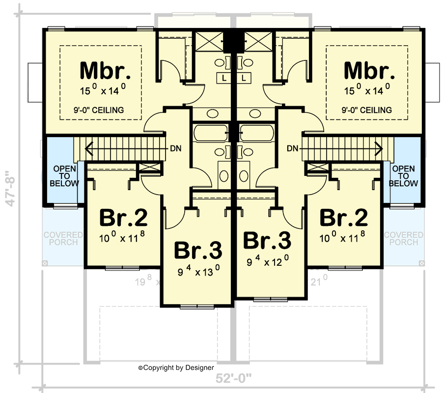 Plan 42439DB: 2-Story Duplex House Plan with Side-By-Side 1400 Square Foot 3 Bed Units - Floor Plan - 2nd Floor - Craftsman, New American, Traditional