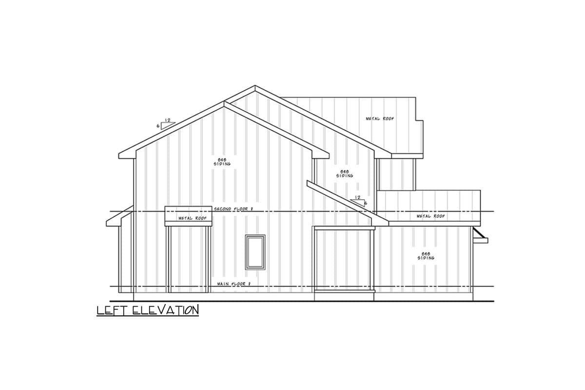 Left elevation architectural drawing of a two-story house plan with vertical siding and metal roof.