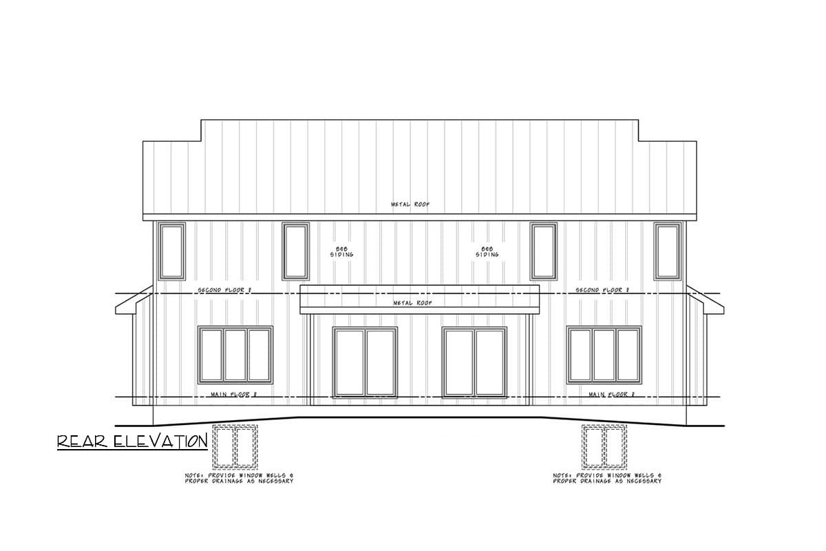 Rear elevation house plan showing two stories, vertical siding, metal roof, and multiple windows.