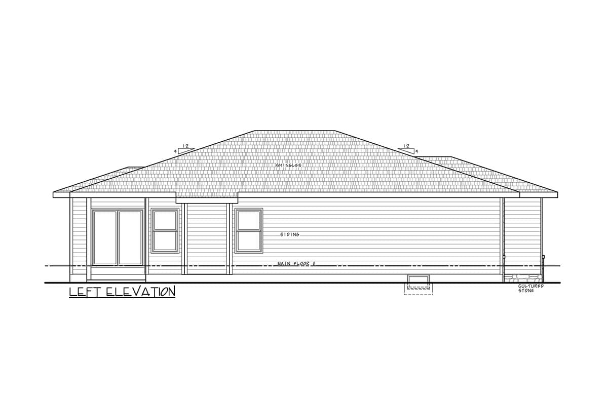 Left elevation of a single-story house plan with siding, multiple windows, and cultured stone foundation.