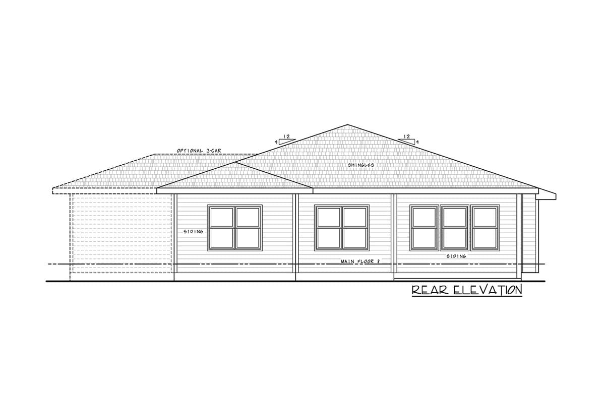 Rear elevation drawing of a single-story house plan with siding, asphalt shingles, and an optional 3-car garage.