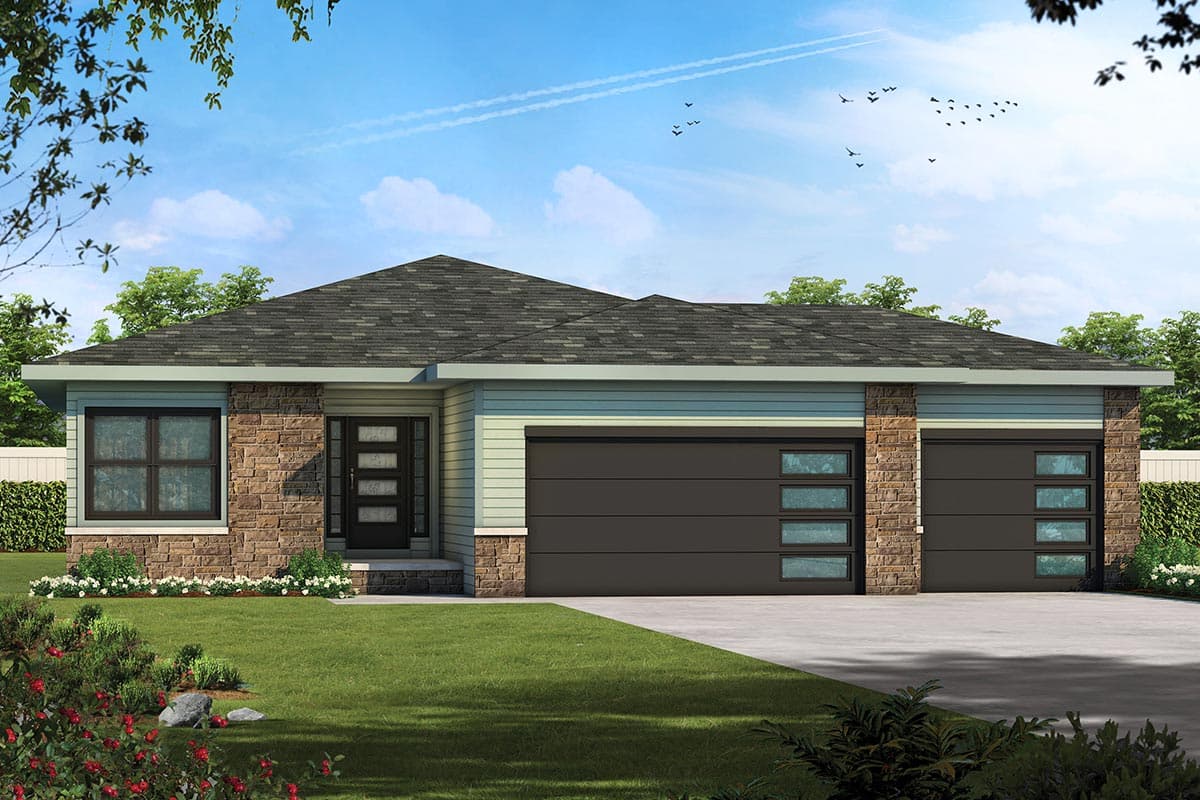 House plan exterior. Modern style, single story home with a flat roofline. Features include a two-car garage, stone accents, and large windows.