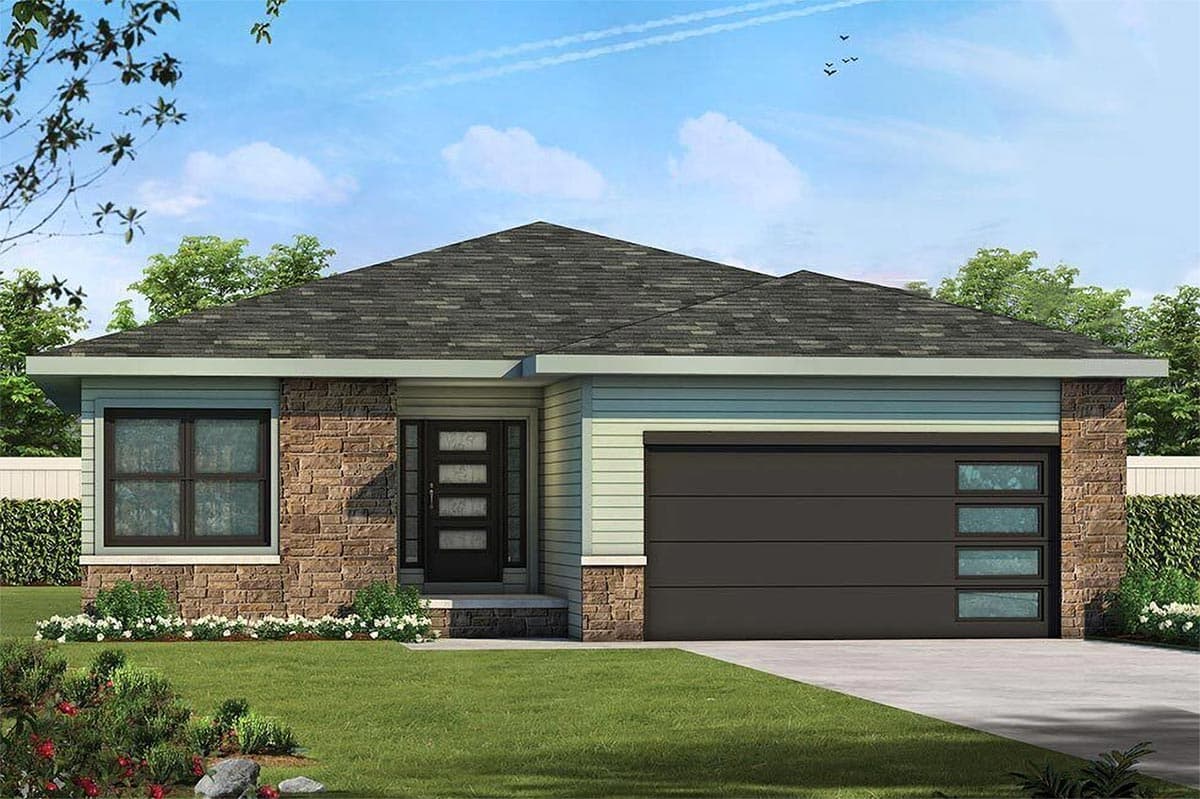 House plan exterior: Single-story modern home with stone and siding, multi-panel entry door, and garage with horizontal windows.