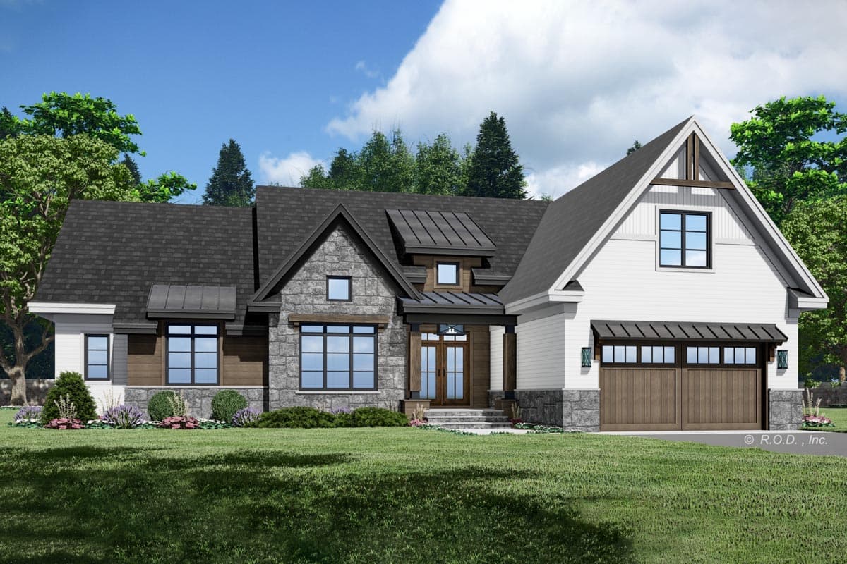 House plan exterior. Craftsman style, one-story. Features include stone accents, gabled rooflines, and a two-car garage.