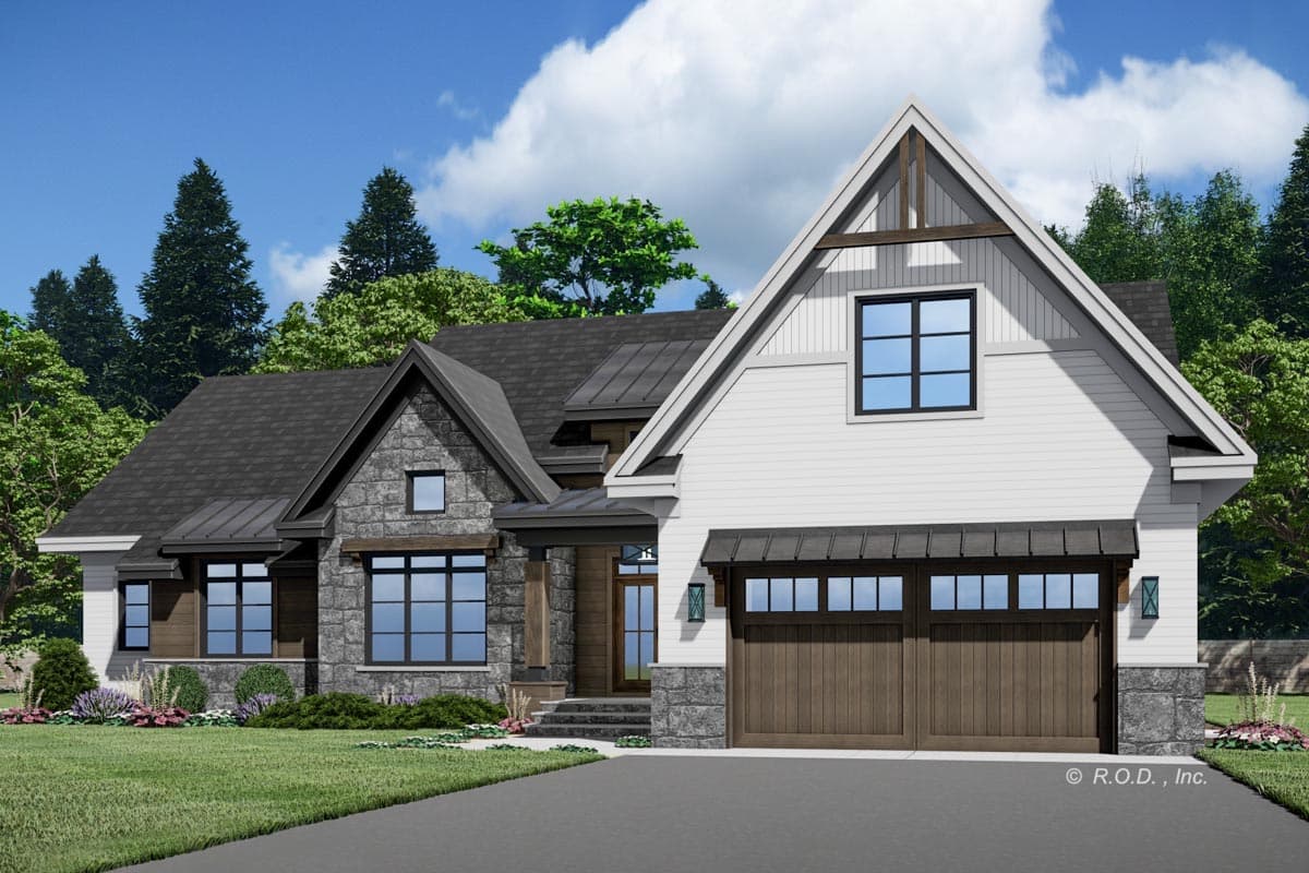 House plan exterior: Modern Farmhouse style, two stories, stone accents, gables with wood beams, and a two-car side-entry garage.
