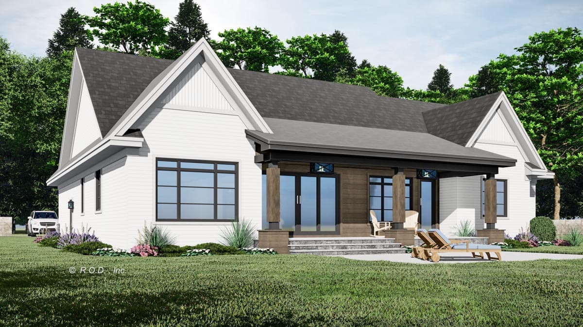 House plan exterior rendering of a one-story modern farmhouse with gabled rooflines, a covered porch with thick columns, and large windows.