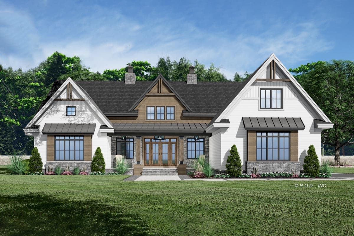 House plan exterior featuring a Modern Farmhouse style with multiple gables, stone accents, and a covered porch. Single-story construction.