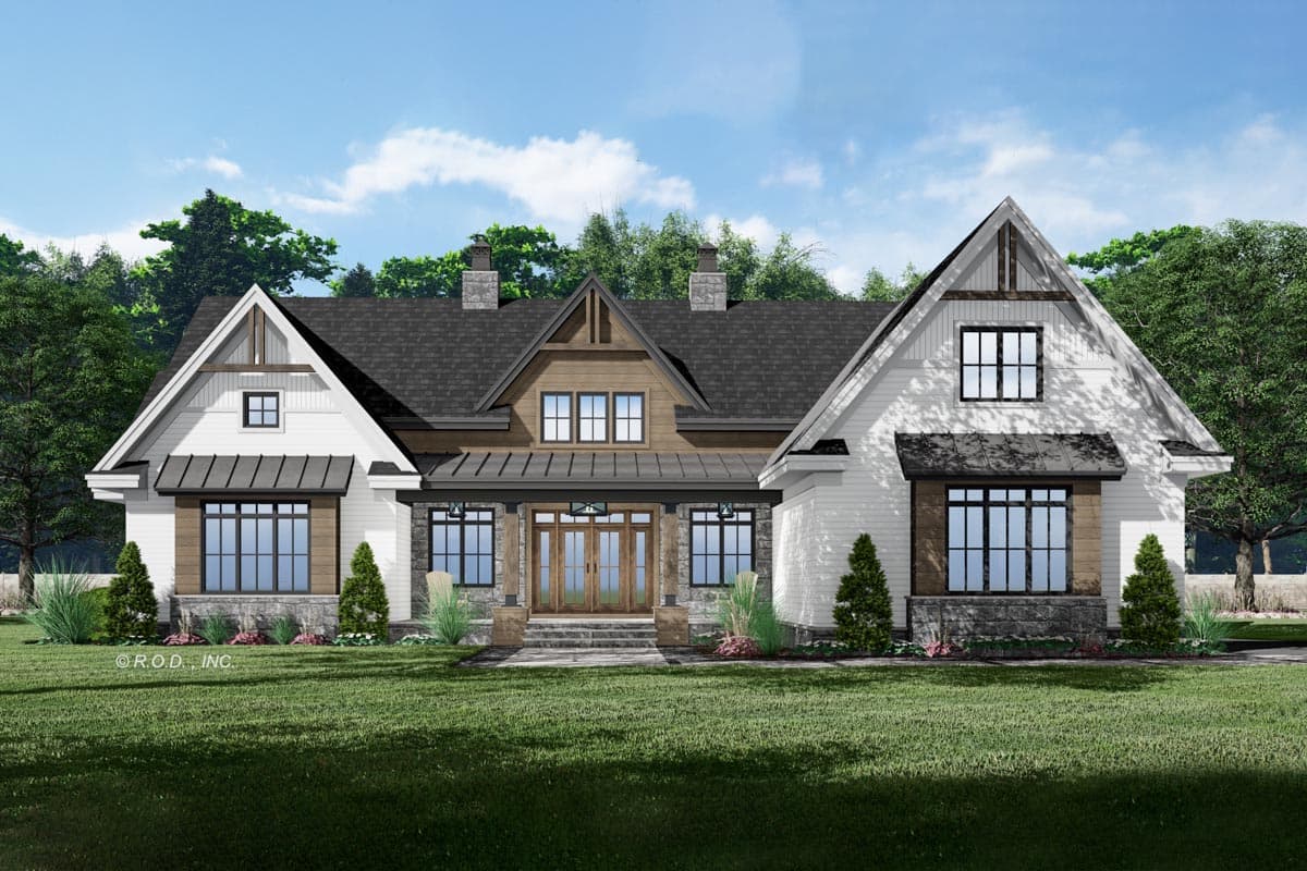 Modern Farmhouse house plan exterior with gables, stone accents, covered porch with double doors, and multiple rooflines.