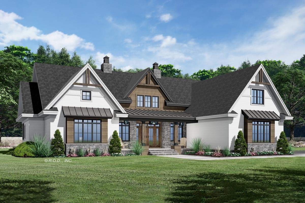 Modern Farmhouse house plan exterior with multiple gables, stone accents, covered porch, and dark metal rooflines.