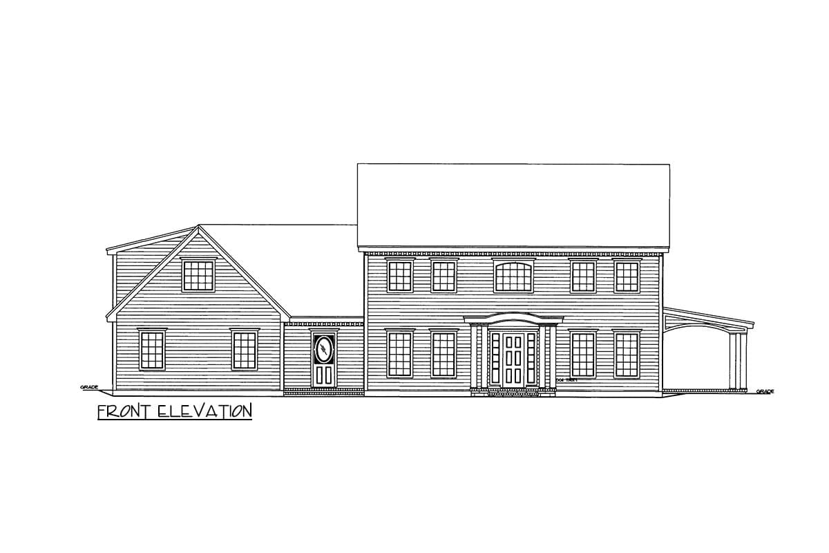 Front elevation drawing of a two-story house plan with a central portico, dormers, and an attached carport.