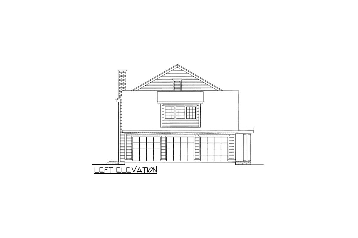 Left elevation of a house plan showing three garage doors, a dormer with windows, and a chimney.