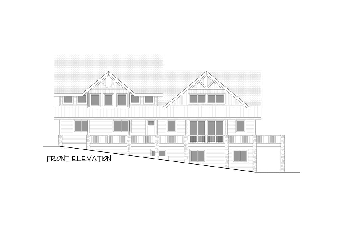 Front elevation drawing of a multi-story house plan with gables, dormers, a deck, and stone accents.