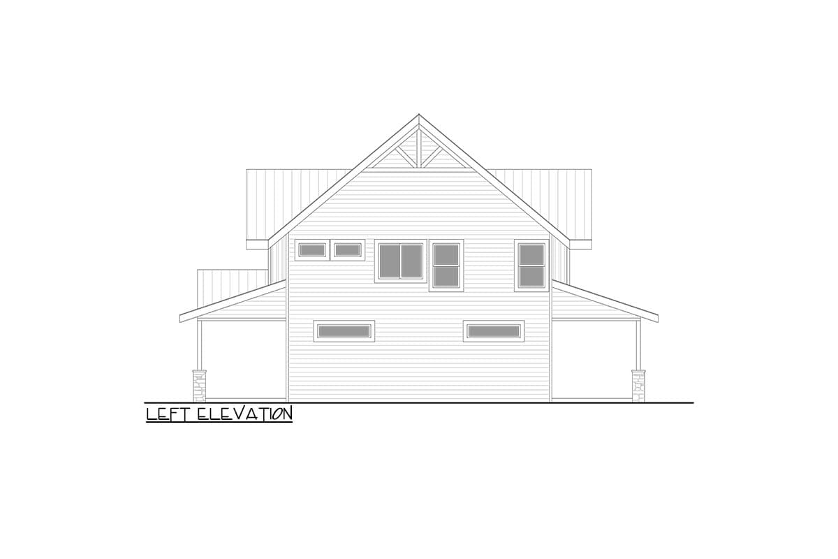 Left elevation drawing of a two-story house plan with a prominent gable, siding, and covered porches.