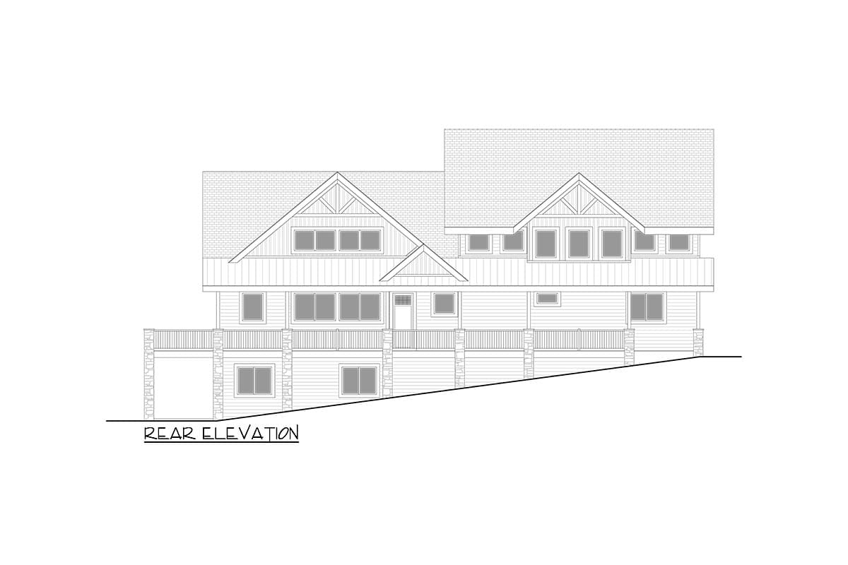 Rear elevation drawing of a multi-story house with gables, a wraparound deck, and stone-accented columns.
