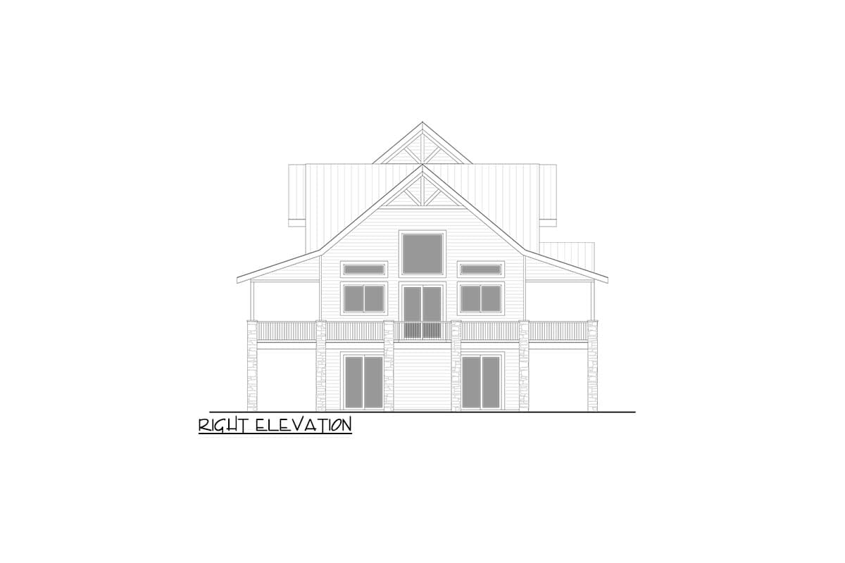 Right elevation drawing of a house plan featuring a prominent gable roof, multiple stories, wrap-around decks, and large windows.