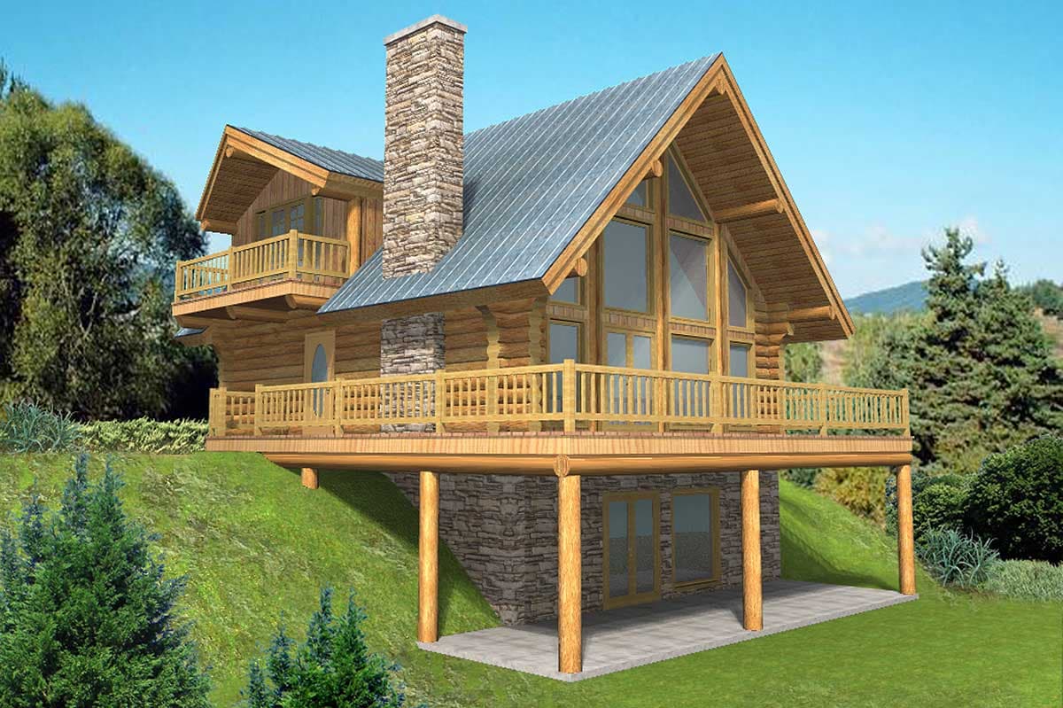 Log home exterior with a stone chimney, wraparound deck, and large gable windows. Two stories are visible.