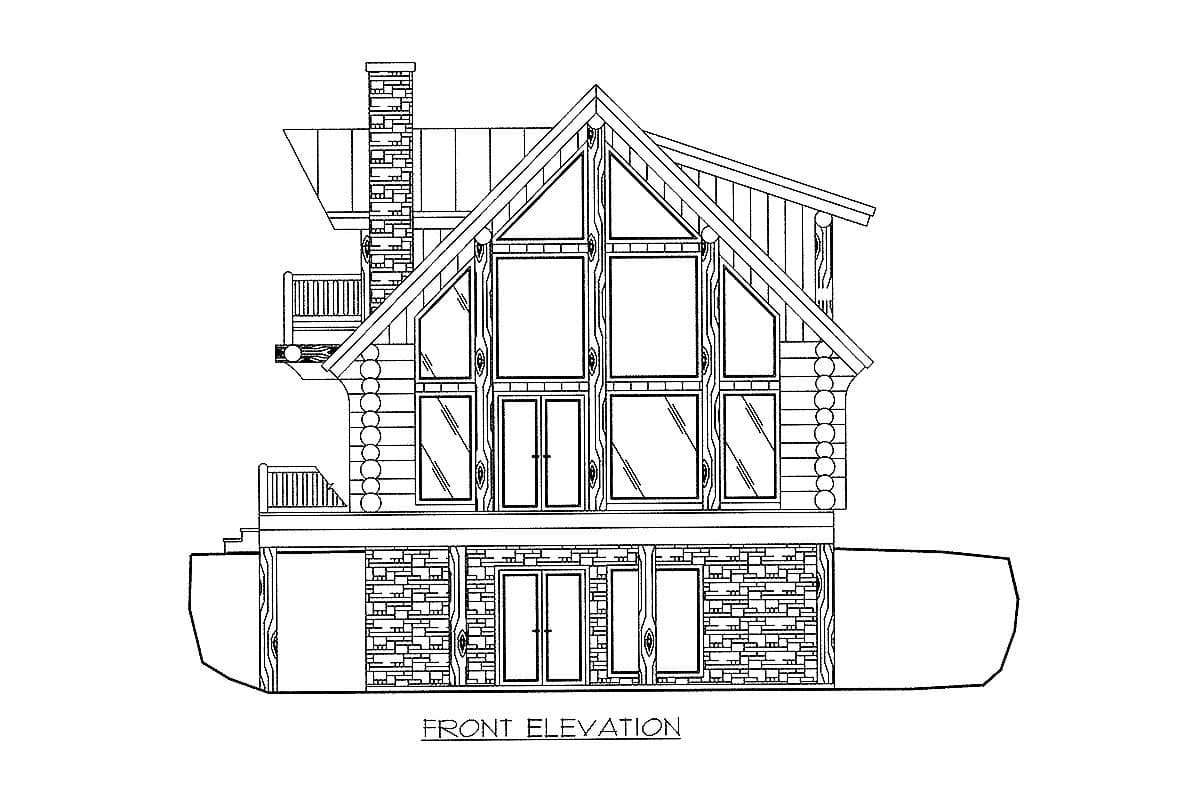 Front elevation drawing of a log house plan with a large gable window, stone foundation, and dual balconies.