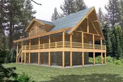 Log Home Plan with Wraparound Deck and a Walkout Basement