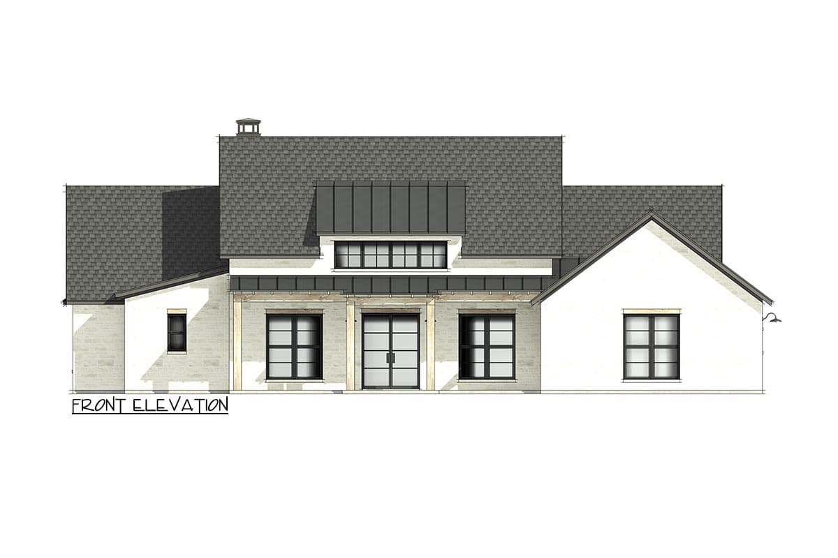 Front elevation drawing of a one-story house with a covered entry, gabled roof, and stone accents.