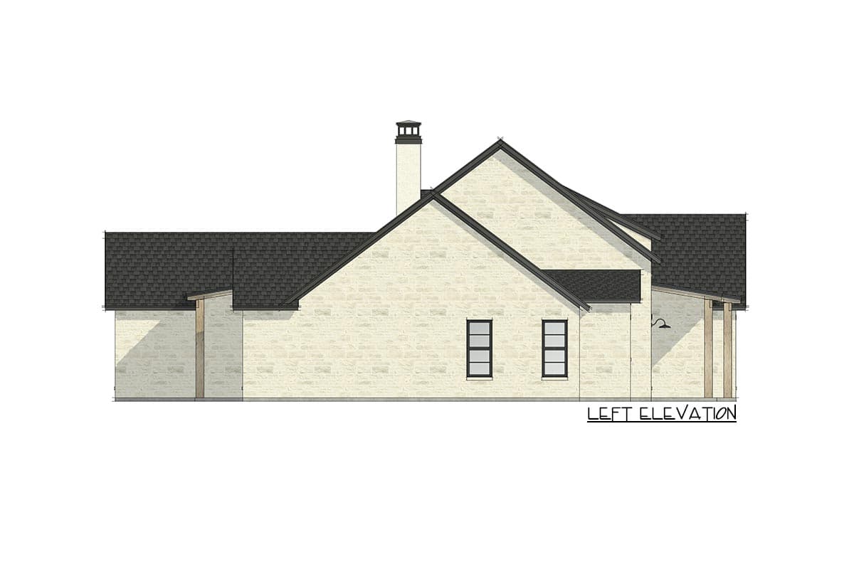 Left elevation drawing of a house plan with stone facade, multiple gables, chimney, and covered porch.