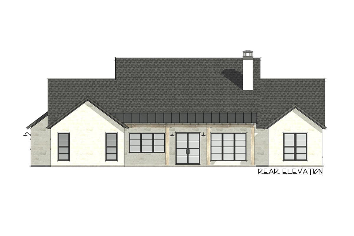 Rear elevation of a one-story house plan with gables, a chimney, and large grid windows.