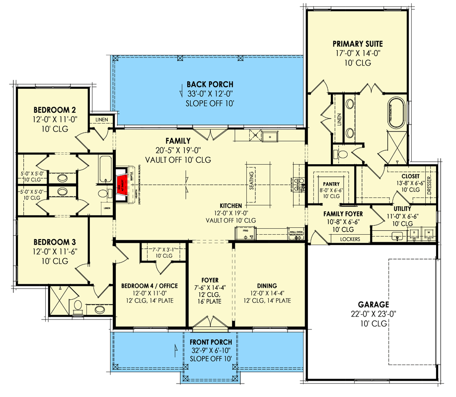 Plan 818058JSS: 4-Bed Hill Country Home Plan with Vaulted Family Room - Floor Plan - Main Level - Hill Country, Modern Farmhouse, New American, Ranch