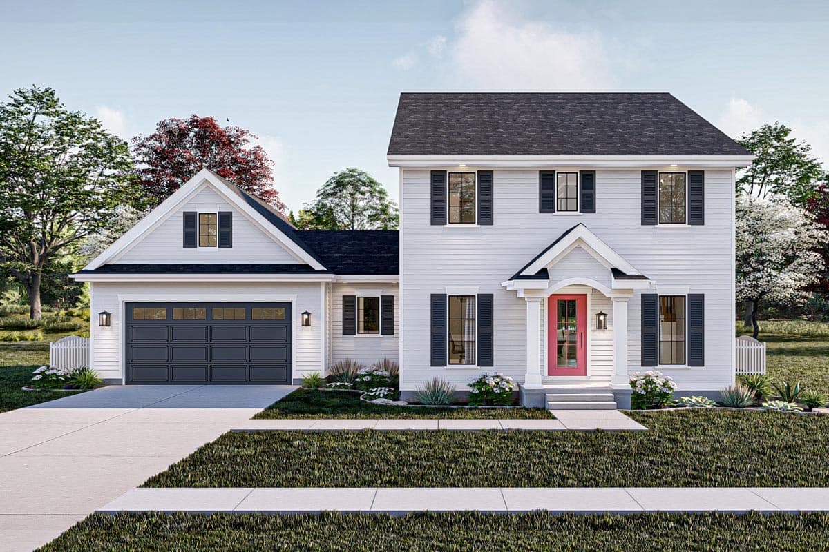 House plan exterior: two-story home with attached garage, prominent gable, covered entryway, and white siding.