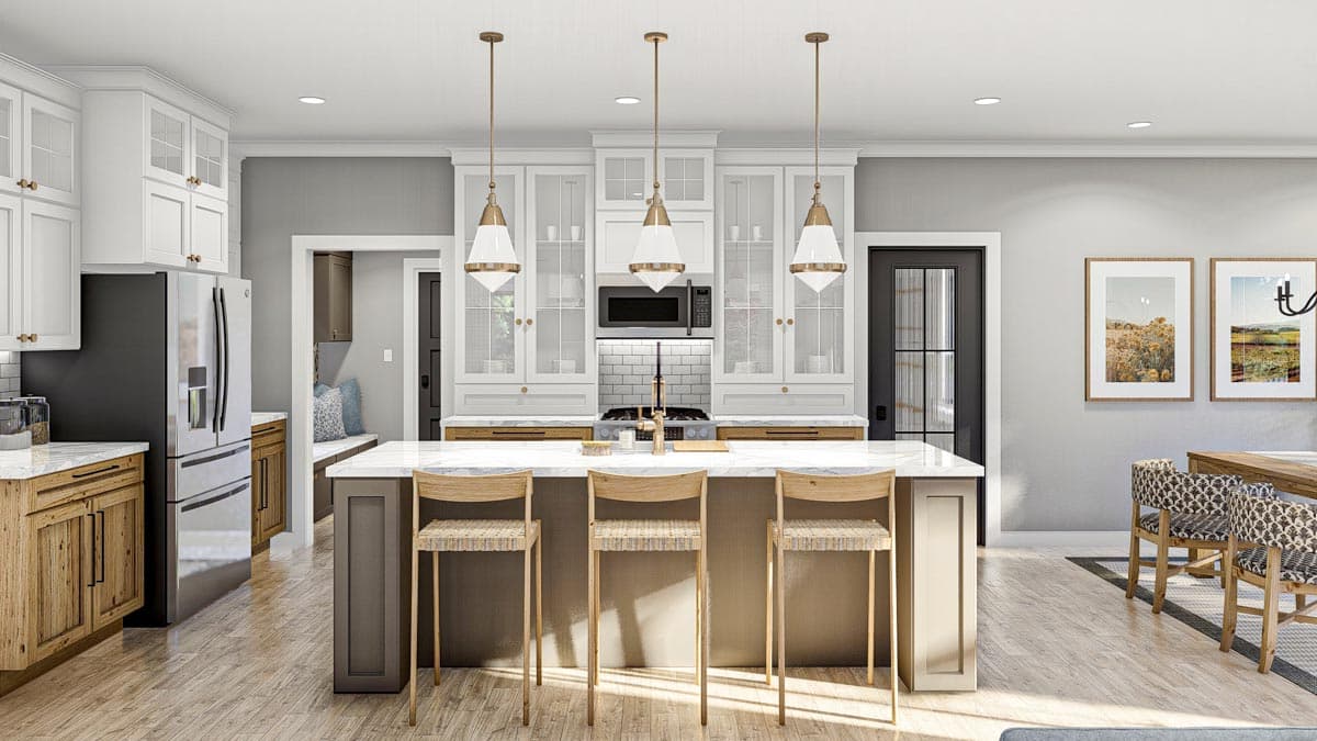 Kitchen rendering with island, pendant lights, stainless steel refrigerator, and dual-toned cabinetry.