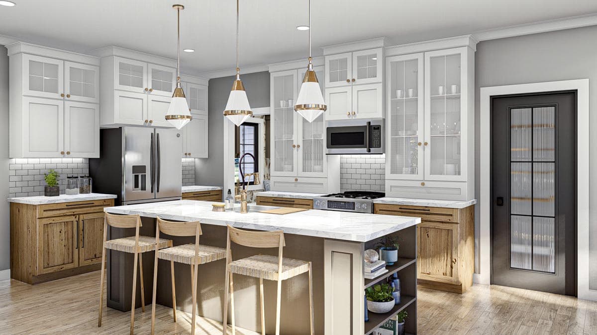 Kitchen rendering with white upper cabinets, wood lower cabinets, large island with seating, stainless steel appliances, and subway tile backsplash.