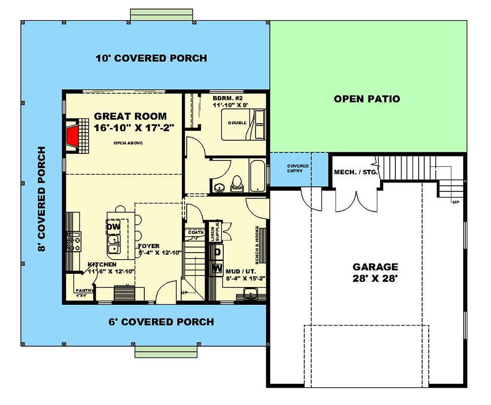 Plan 350022GH: 2 Bed Country Home Plan Under 1500 Square Feet with Upstairs Office - Floor Plan - Main Level