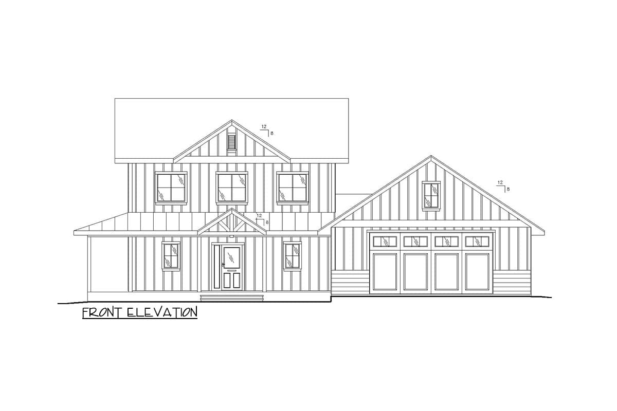 Front elevation drawing of a two-story house plan with a covered porch, gable dormers, and a three-car garage.
