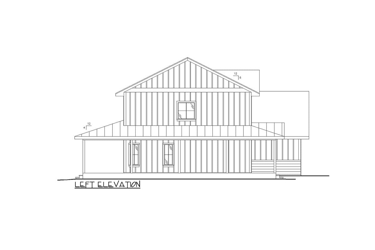 Left elevation house plan drawing showing a two-story home with a gable roof, a covered front porch, and vertical siding.
