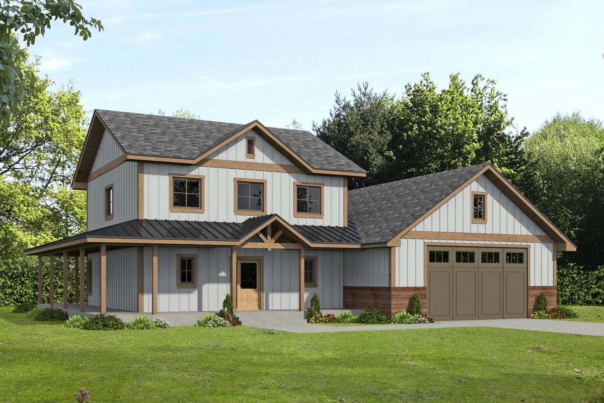 House plan exterior. Two-story Modern Farmhouse with a gabled roof, covered porch, and attached garage with a gable above the garage doors.