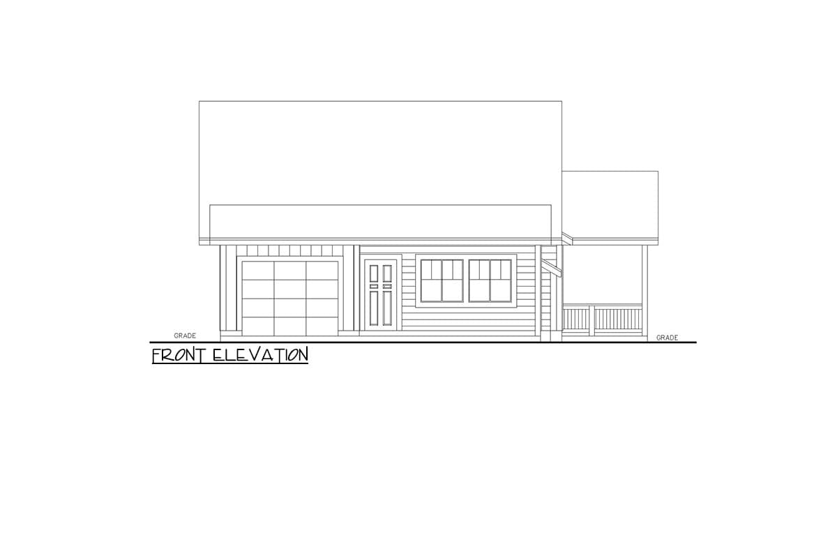 Front elevation drawing of a one-story house with a garage, double entry doors, windows, and a covered porch.