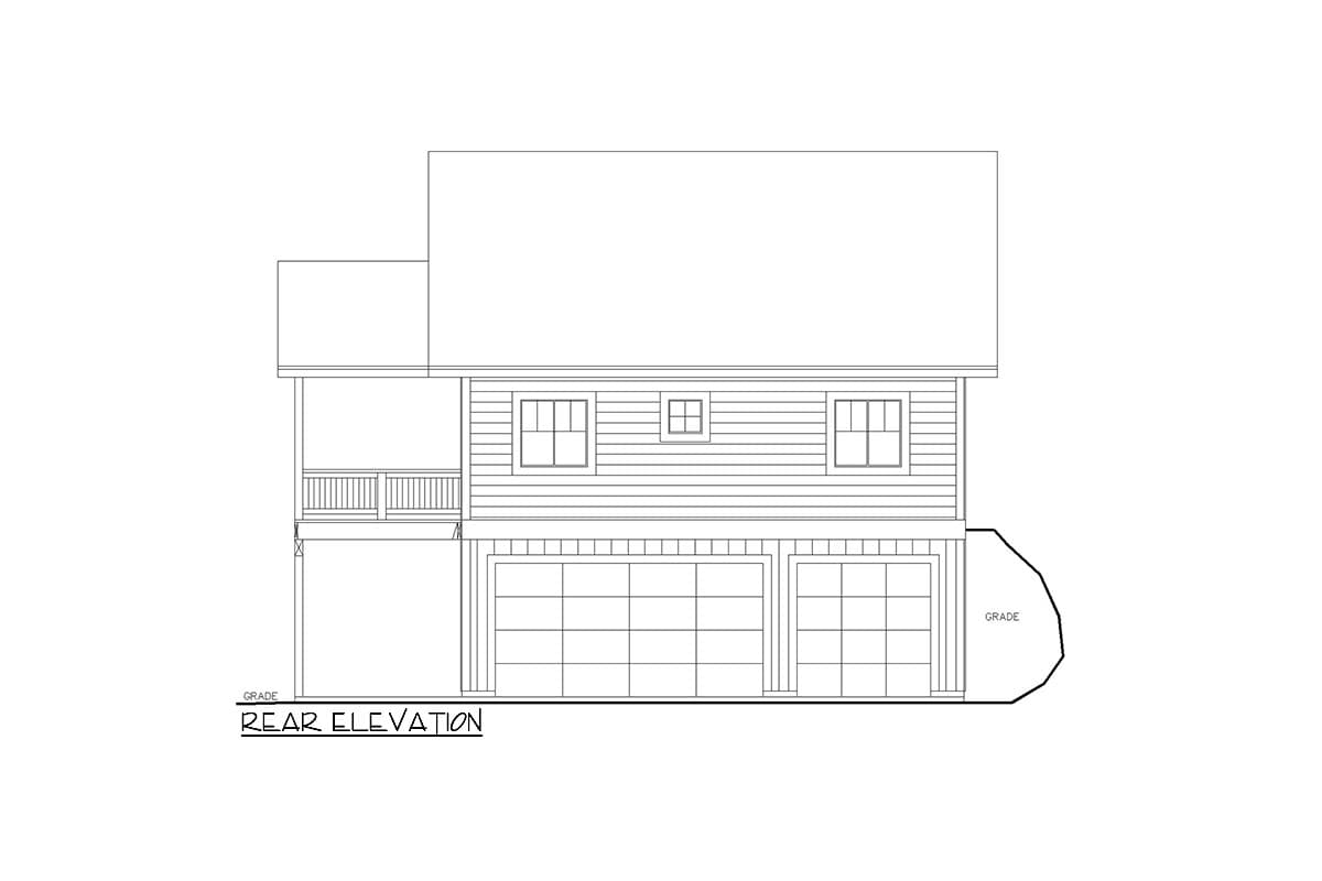 Rear elevation house plan shows a two-story structure with horizontal siding, a covered porch, three garage bays, and multiple windows.