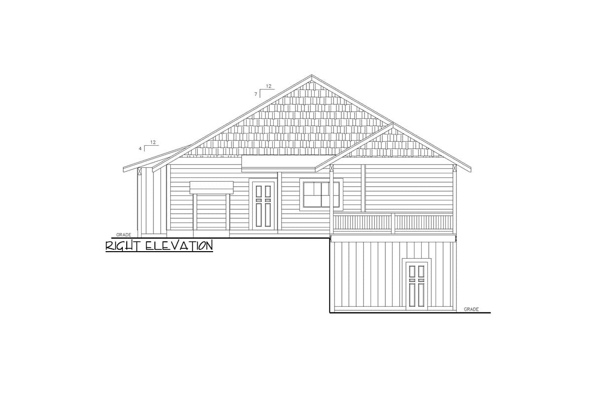 Right elevation house plan shows a one-story structure with a prominent gable and covered porch.