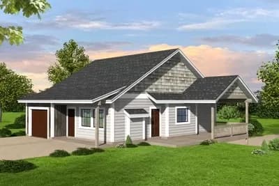 2 Bed House Plan with 1 Car Front Garage and a 3 Car Rear Drive Under Garage