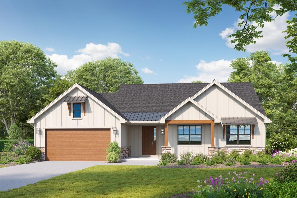 House plan exterior featuring a single-story Modern Farmhouse design. Includes gabled rooflines, a porch with timber supports, and a garage.