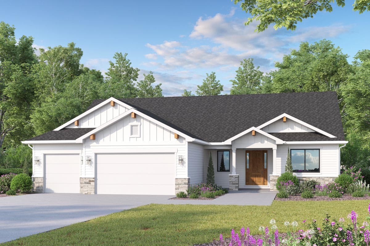 House plan exterior: Modern Farmhouse style, one story, with a 3-car garage, prominent gables, and a covered entry.