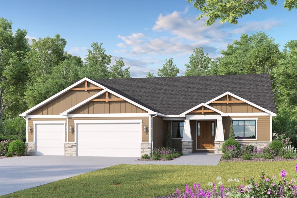 House plan exterior: single-story Modern Farmhouse with three-car garage, gabled rooflines, and exposed rafter tails.