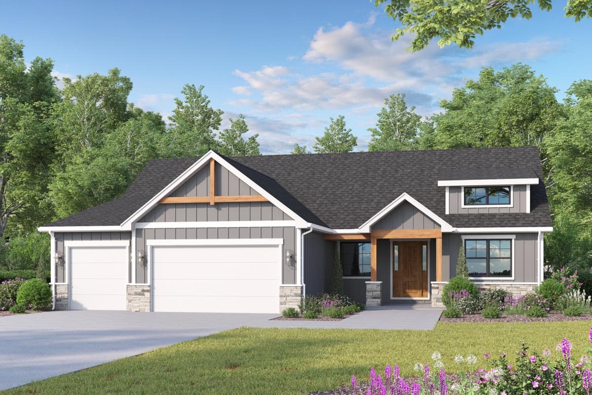 House plan exterior showing a one-story Modern Farmhouse with a three-car garage, gables, dormers, and a covered entry.