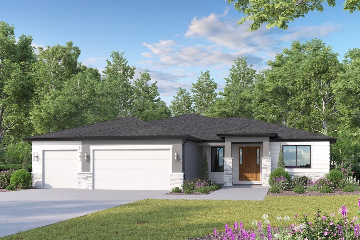 House plan exterior: one-story modern home with three-car garage, pitched roof, wood front door, and white horizontal siding.