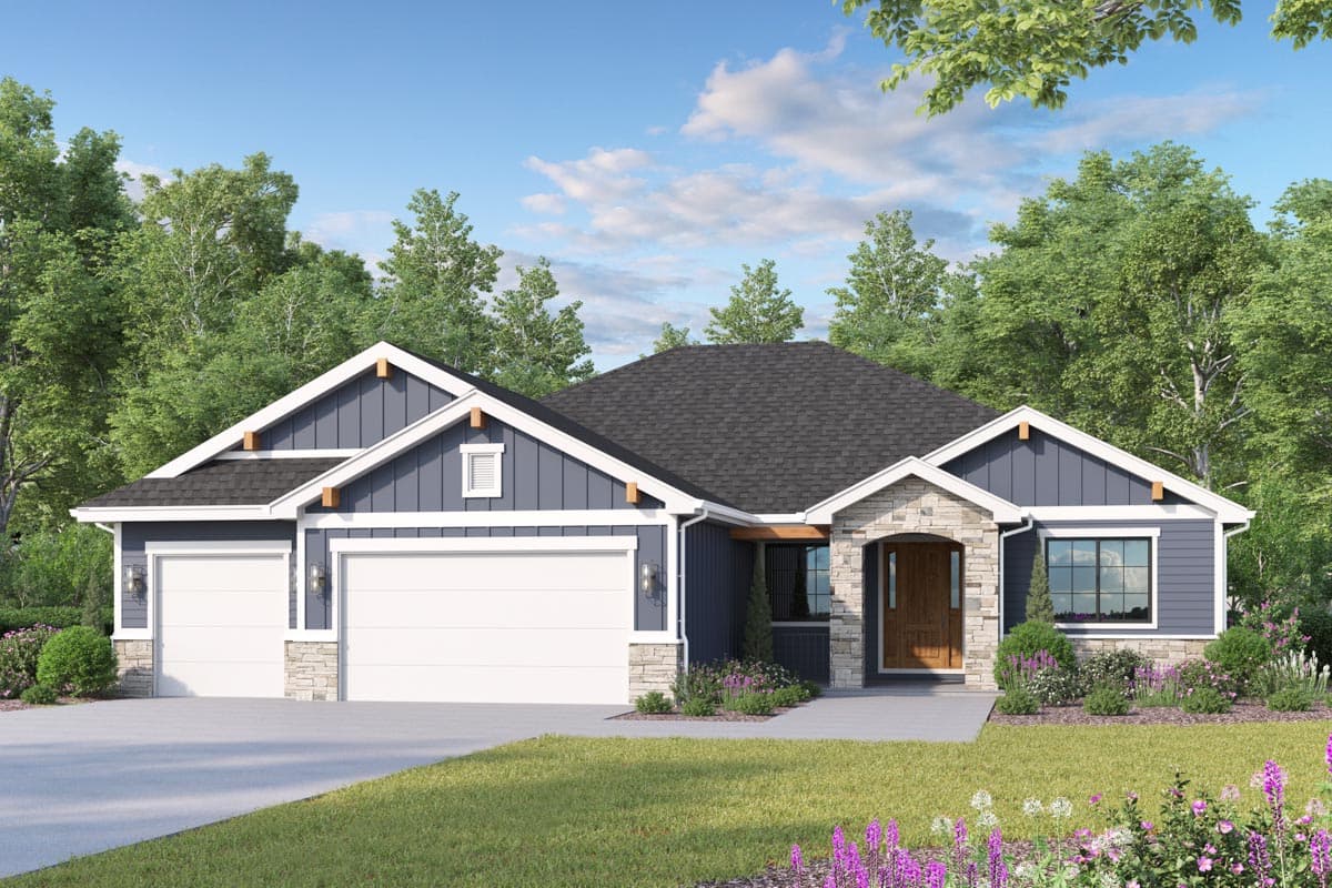 House plan exterior with Craftsman style, two-car garage, gables, and stone accents at the entryway. Features include a front porch and dormer.
