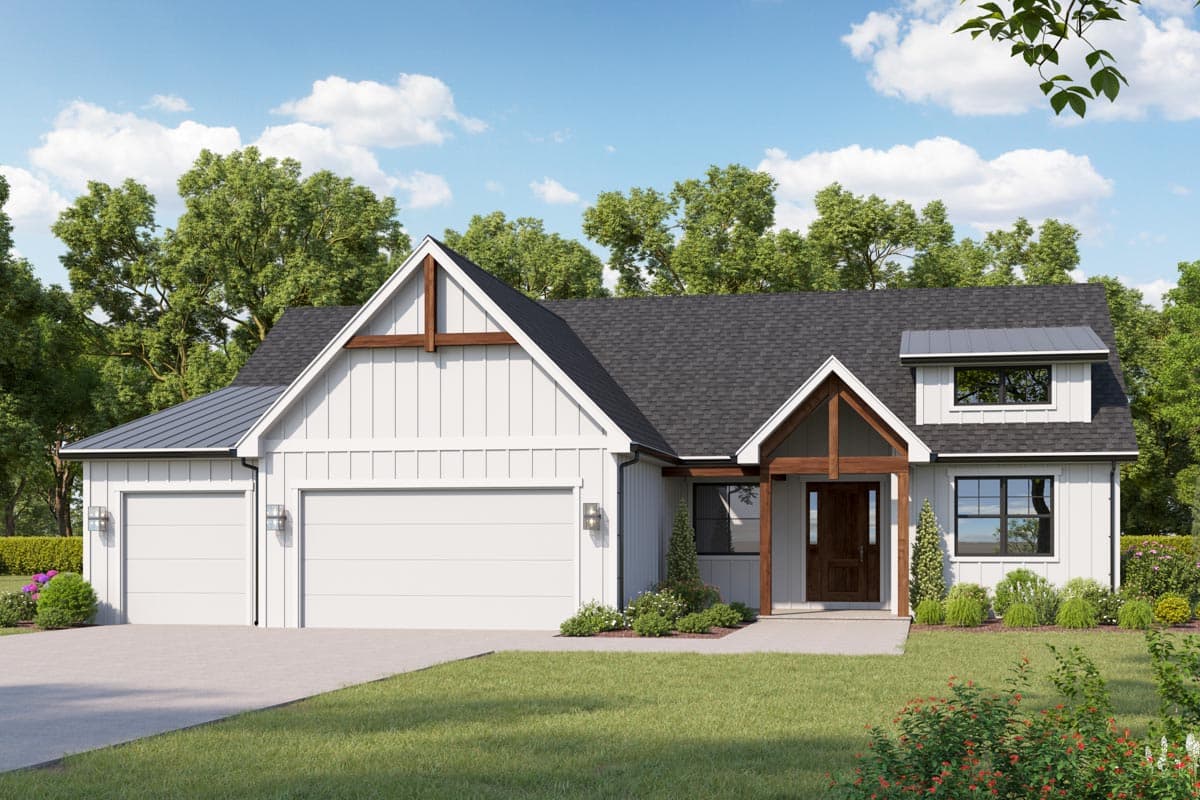 Modern Farmhouse house plan exterior with a three-car garage, gables, wood accents, and dormer.