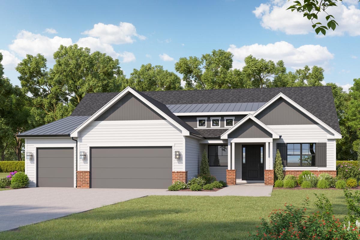 House plan exterior with Craftsman style. Features include gabled roof, mixed siding, and an attached two-car garage. Porch with columns.