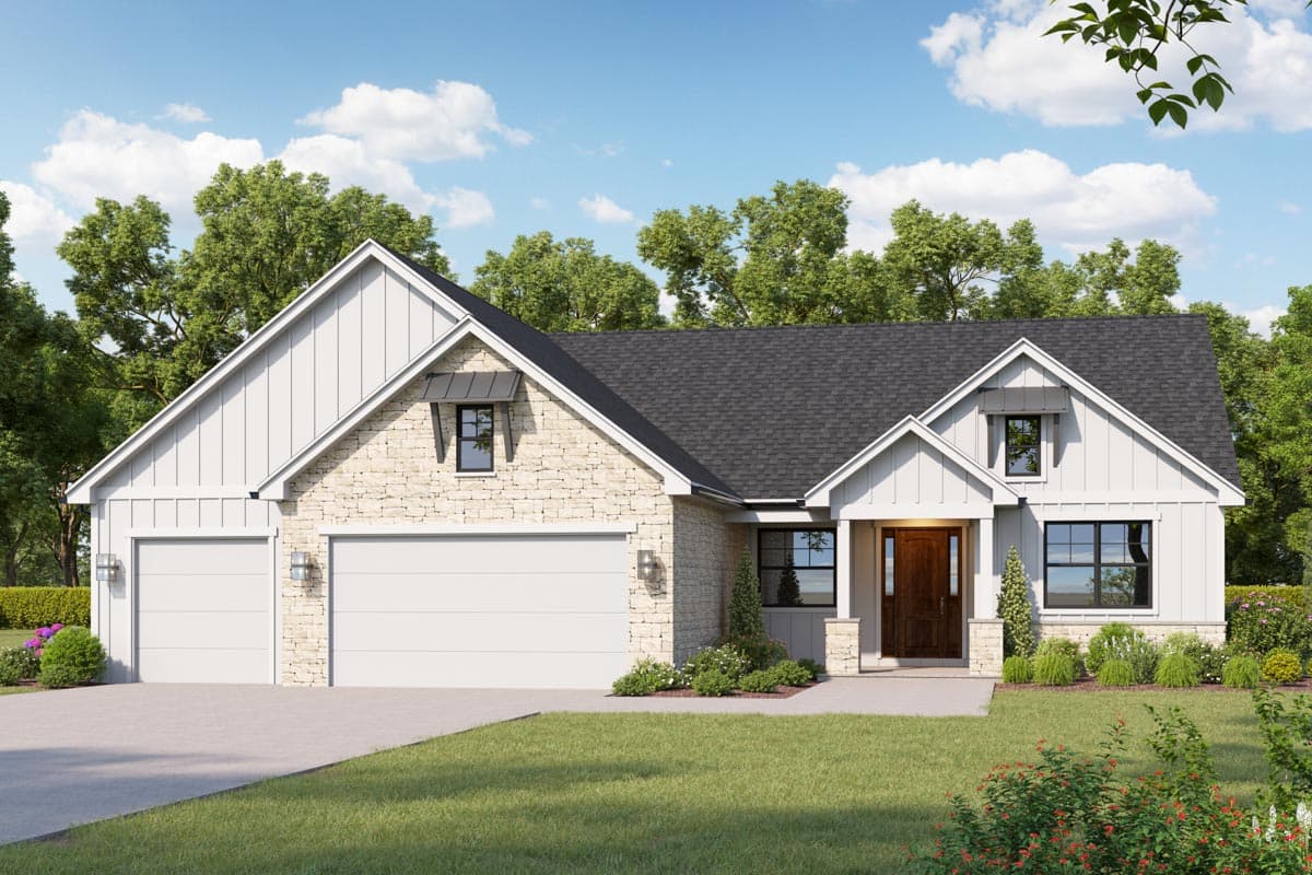 Modern Farmhouse style house plan exterior with stone accents, a prominent gable, dormer, and a three-car garage.